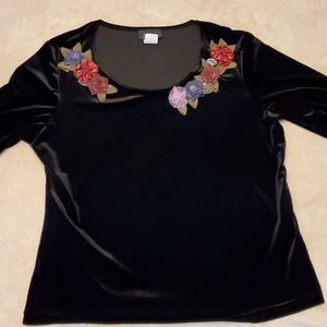 DRESS BARN Black Velvet Top with Floral Accents